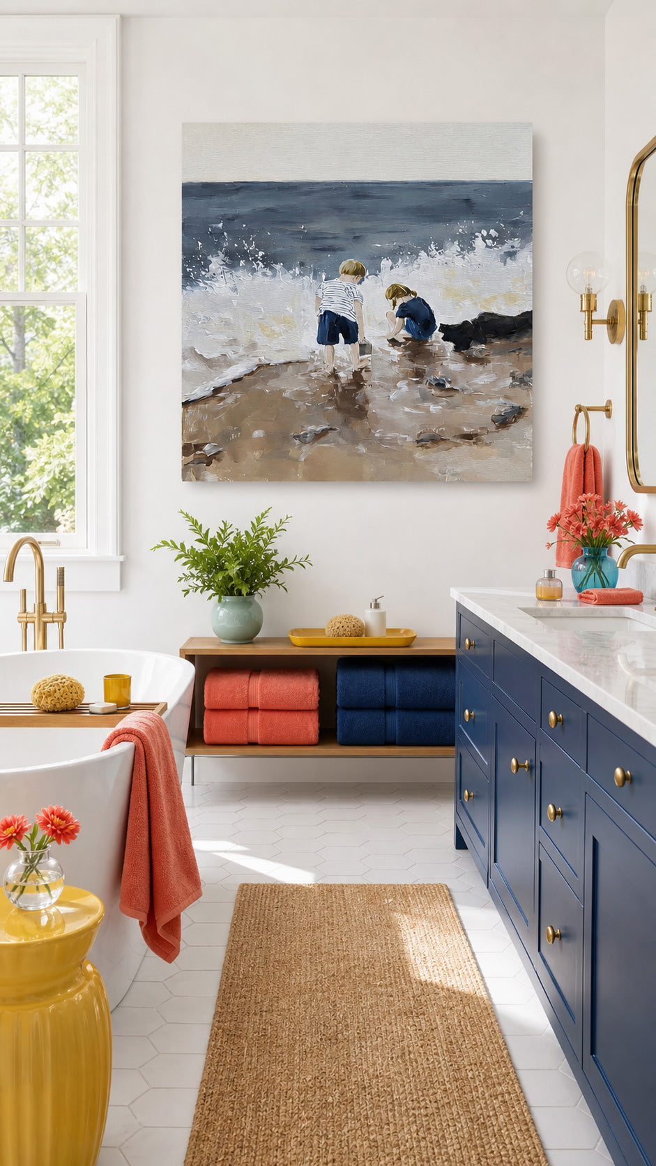Children Playing At Beach Square Oil Painting For Living Room Decor With Textured Waves And Sand