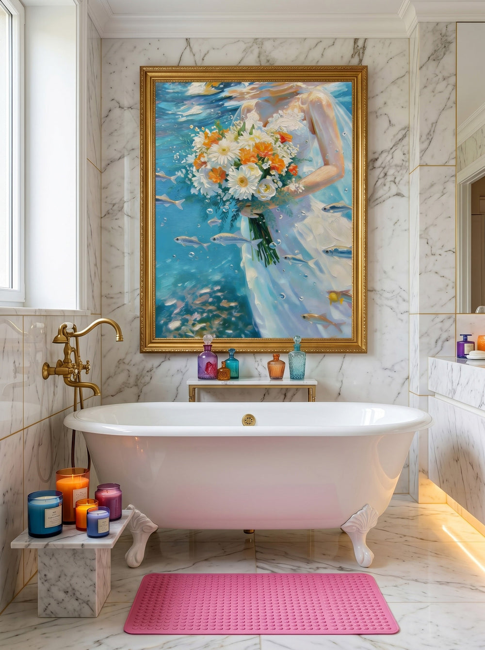 Underwater Bridal Floral Oil Painting With Fish And Bubbles For Modern Home Decor