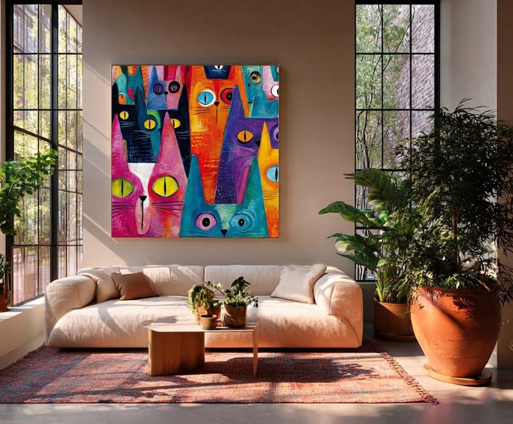 Whimsical Feline Art Print Geometric Cats In Pink Blue Orange For Nursery Or Office