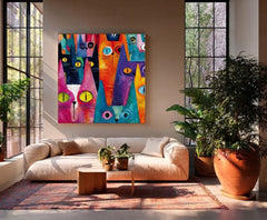 Whimsical Feline Art Print Geometric Cats In Pink Blue Orange For Nursery Or Office