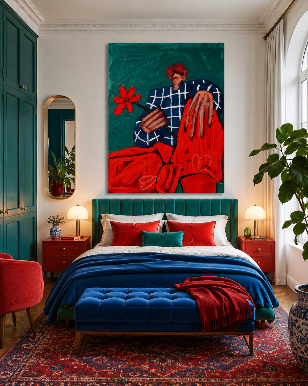 Quirky Male Portrait Art With Red Flower And Blue Grid Jacket For Modern Living Room