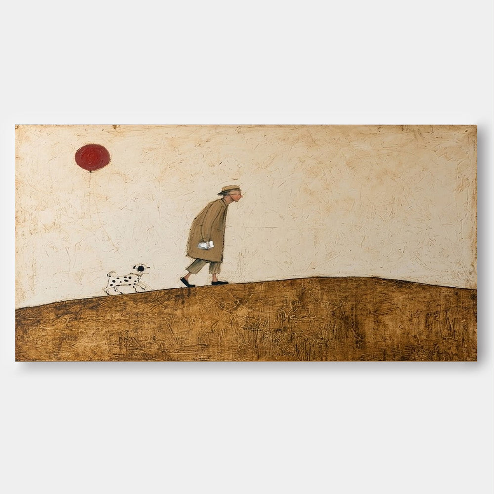 Whimsical Old Man And Dog Painting With Red Balloon For Living Room Wall Art Decor