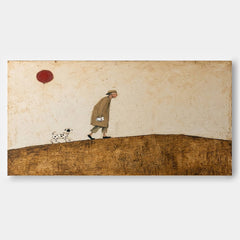 Whimsical Old Man And Dog Painting With Red Balloon For Living Room Wall Art Decor
