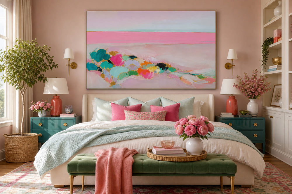 Contemporary Pink And Teal Ocean Art For Stylish Beach House Interior Design