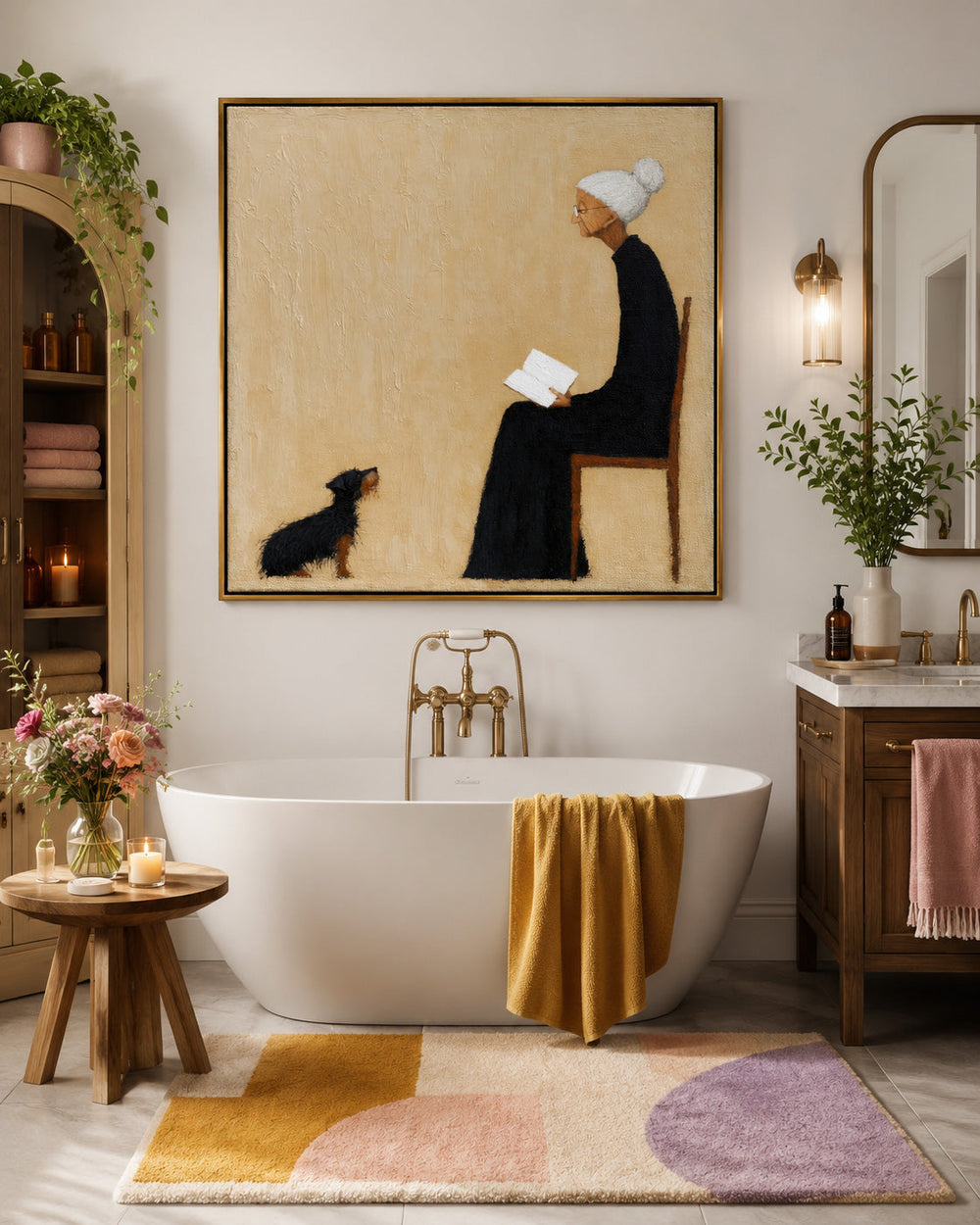 Handmade Oil Painting Of Grandma And Her Loyal Dog In Minimal Style