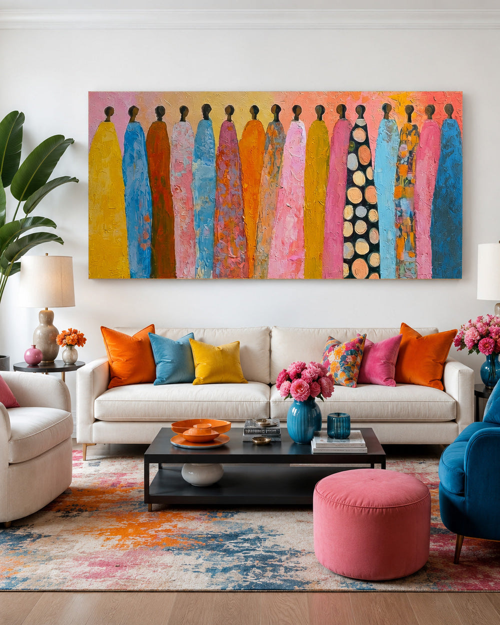 Handmade Textured Canvas Art With Bright Colors And Human Figures