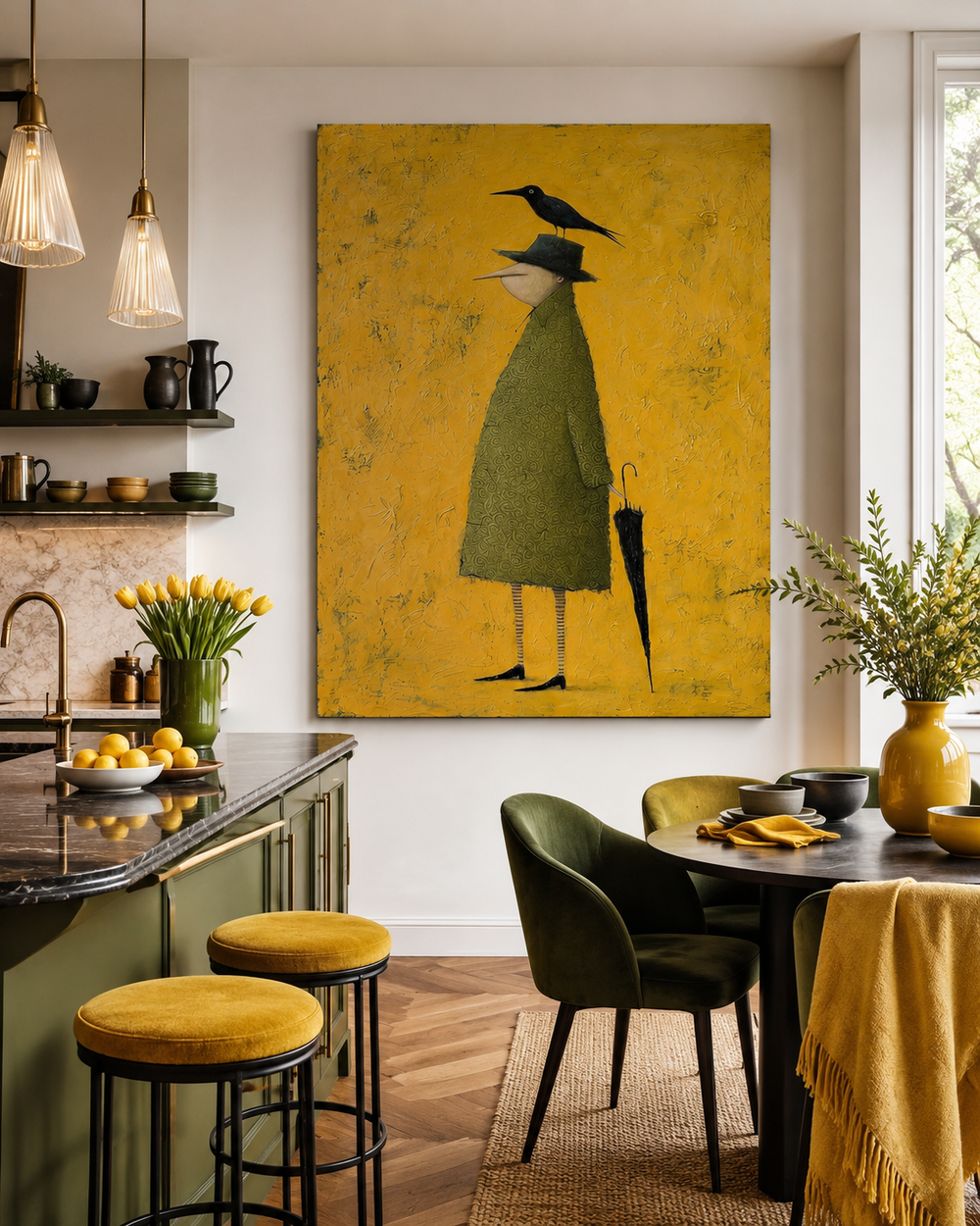 Original Figurative Art Of Man With Crow And Umbrella In Abstract Style For Unique Home Decoration
