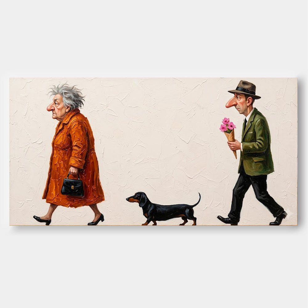 Whimsical Oil Painting Of Couple With Dog For Retro Living Room Decor