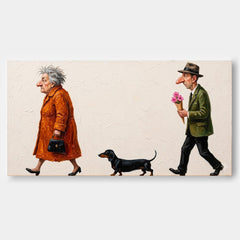 Whimsical Oil Painting Of Couple With Dog For Retro Living Room Decor