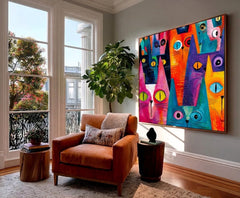 Whimsical Feline Art Print Geometric Cats In Pink Blue Orange For Nursery Or Office