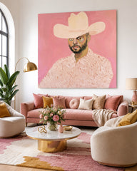 Modern Cowboy Portrait Painting On Canvas With Pink Background For Living Room Decor