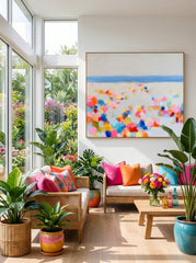 Hand Painted Textured Canvas Art Featuring Bright Geometric Shapes And Sea Views