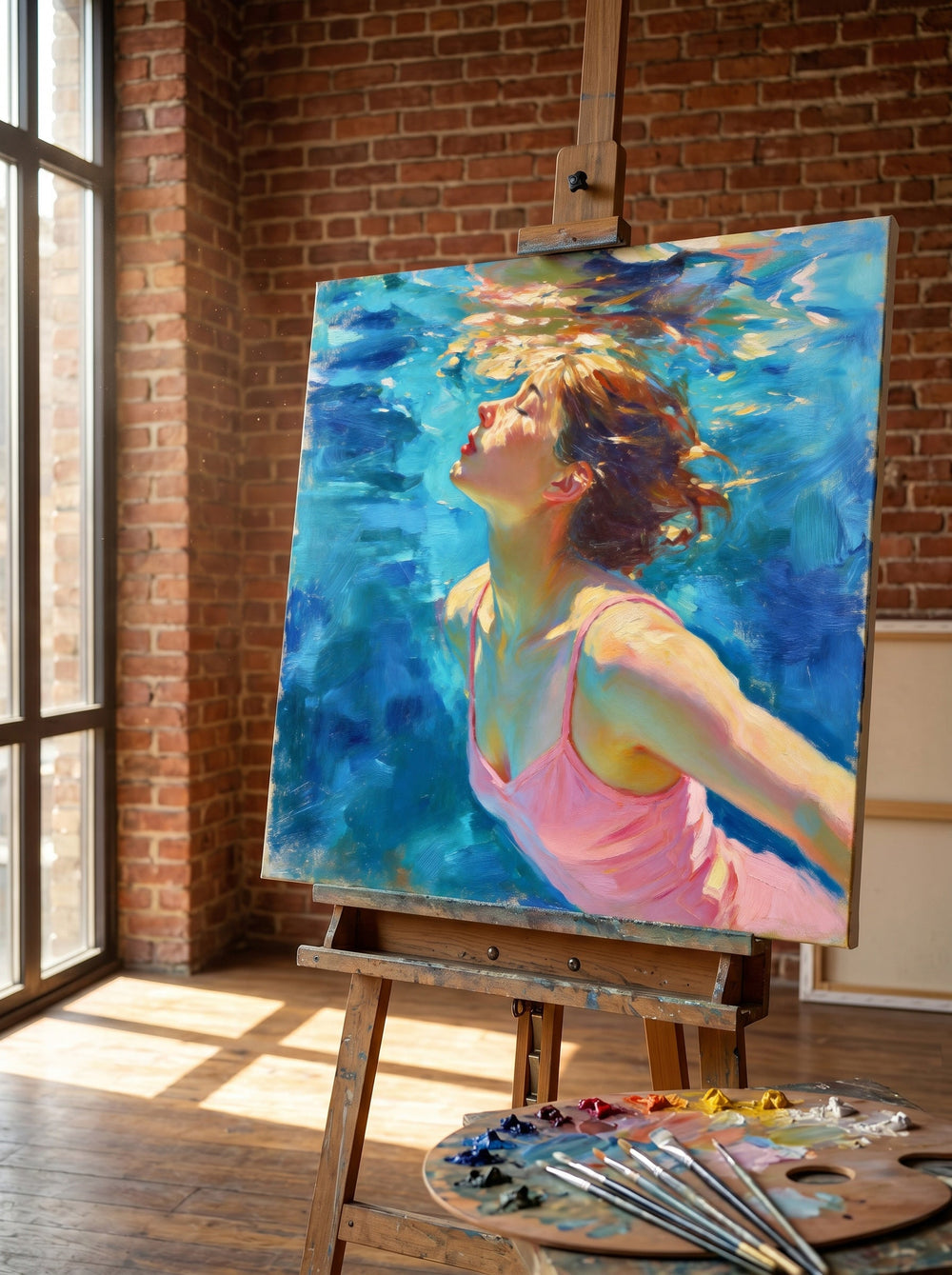 Underwater Woman Portrait Painting In Impressionist Style With Blue And Pink Tones