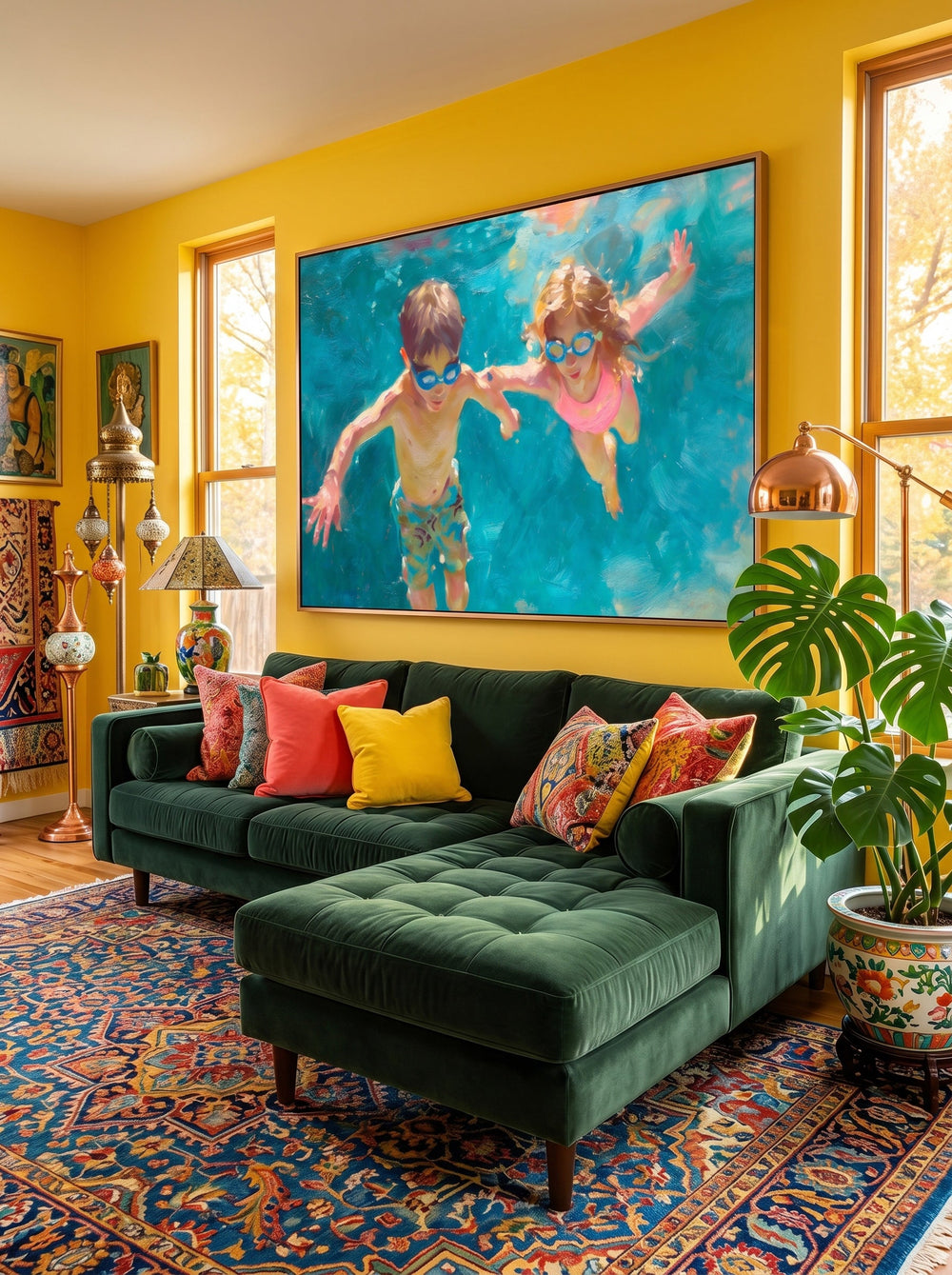 Charming Kids Swimming Oil Painting For Modern Family Home Decor Wall Art