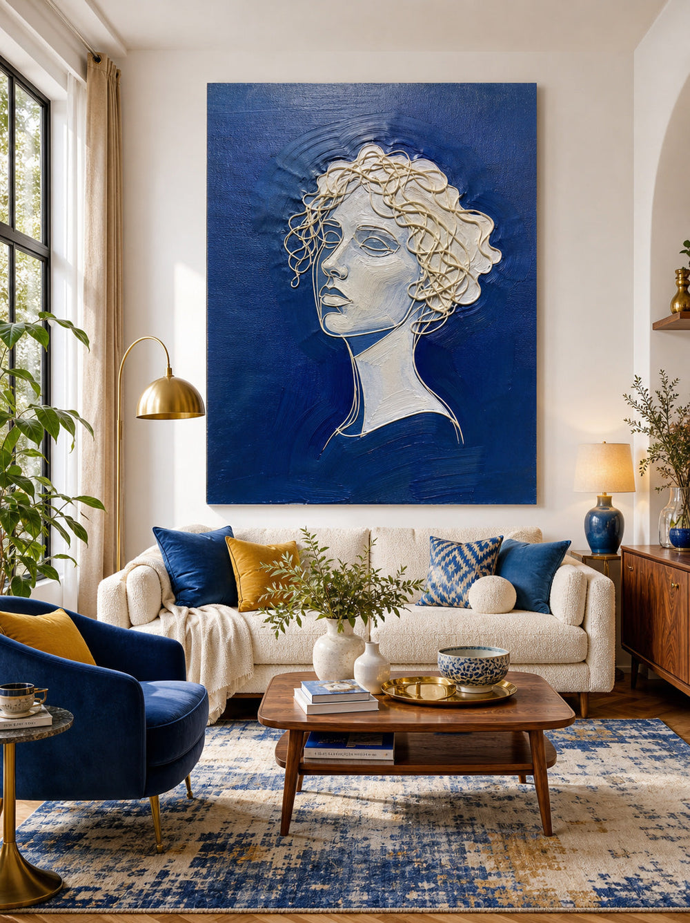 Modern Blue And Gold Line Art Portrait Painting For Living Room Decor
