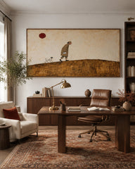 Whimsical Old Man And Dog Painting With Red Balloon For Living Room Wall Art Decor