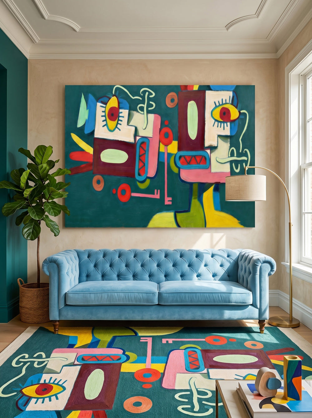 Quirky Abstract People Painting With Colorful Geometric Shapes For Modern Home Decor