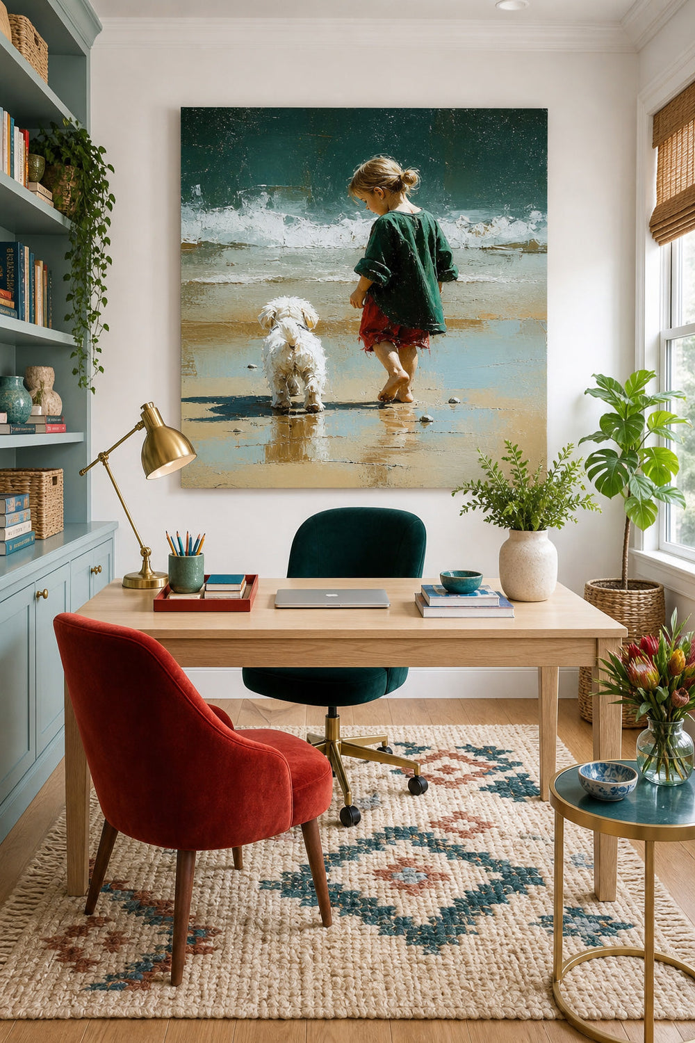 Textured Impressionist Beach Scene With Child And Pet Square Wall Art