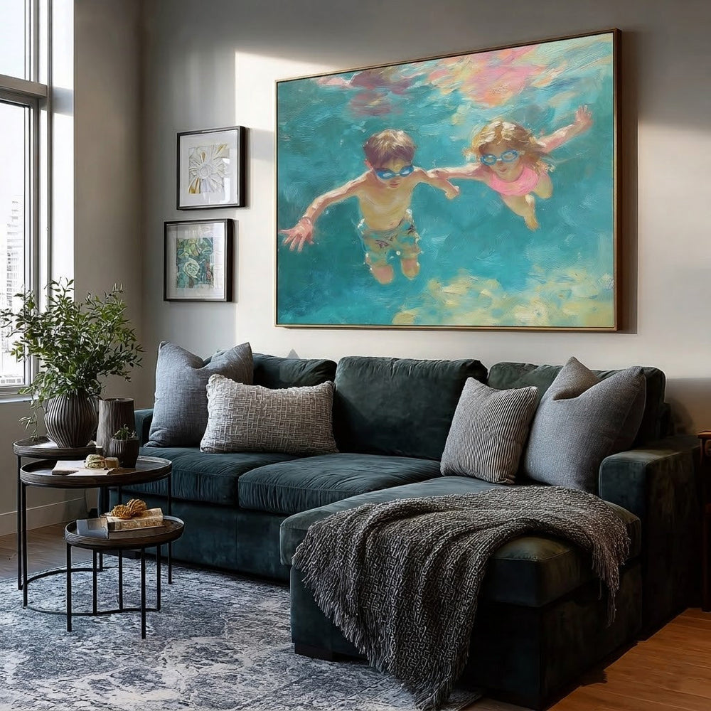 Charming Kids Swimming Oil Painting For Modern Family Home Decor Wall Art