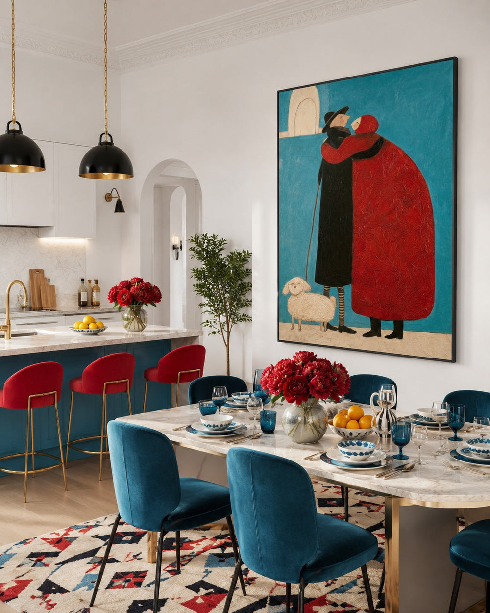 Minimalist People Art Square Canvas Print With Bold Red And Blue Colors For Home Decoration
