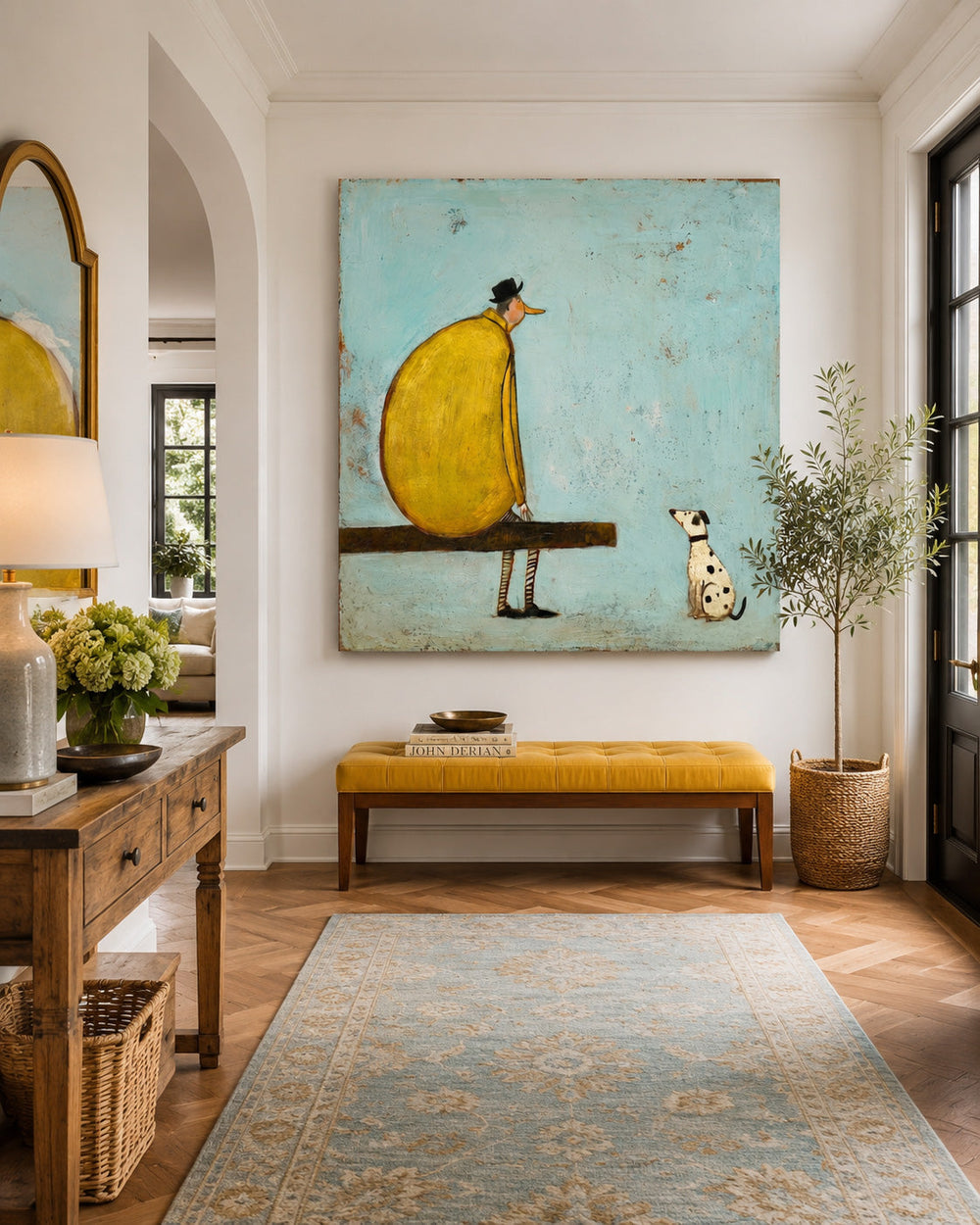 Retro Modern Square Art Print Featuring Stylized Figure And Pet In Yellow And Blue