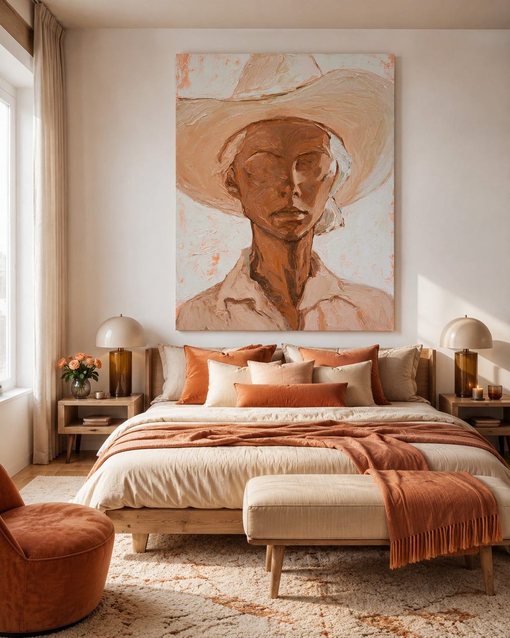 Original Oil Painting Of Woman In Hat With Expressive Texture For Entryway And Hallway