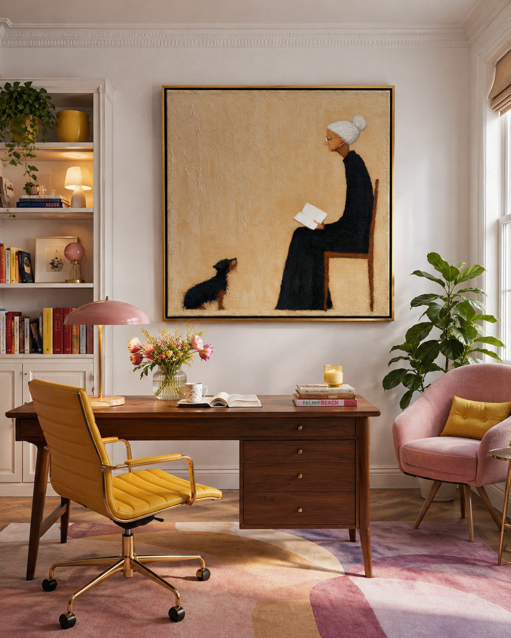 Handmade Oil Painting Of Grandma And Her Loyal Dog In Minimal Style