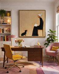 Handmade Oil Painting Of Grandma And Her Loyal Dog In Minimal Style