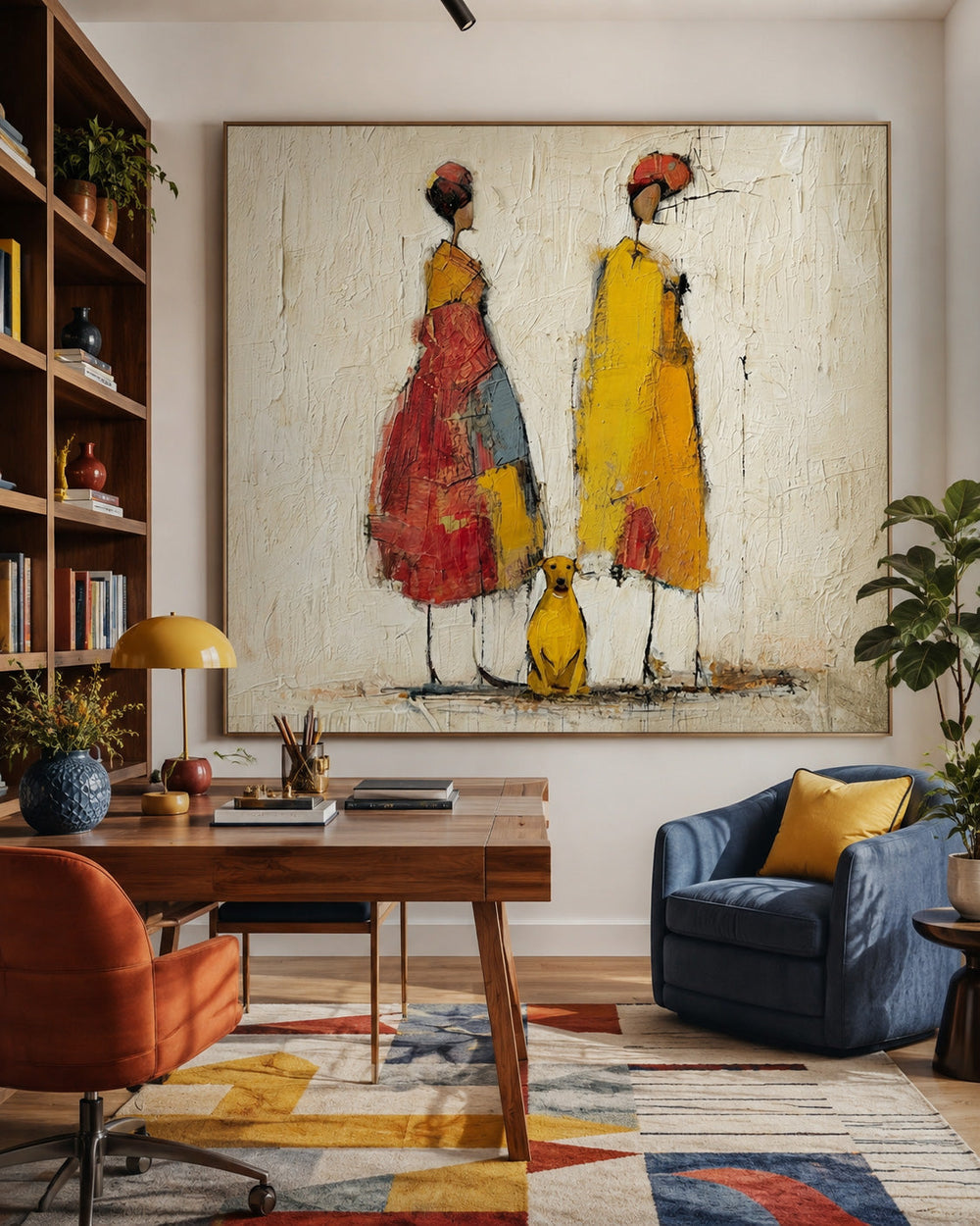 Abstract People Painting With Dog Warm Tones Textured Canvas Wall Art For Living Room Decor