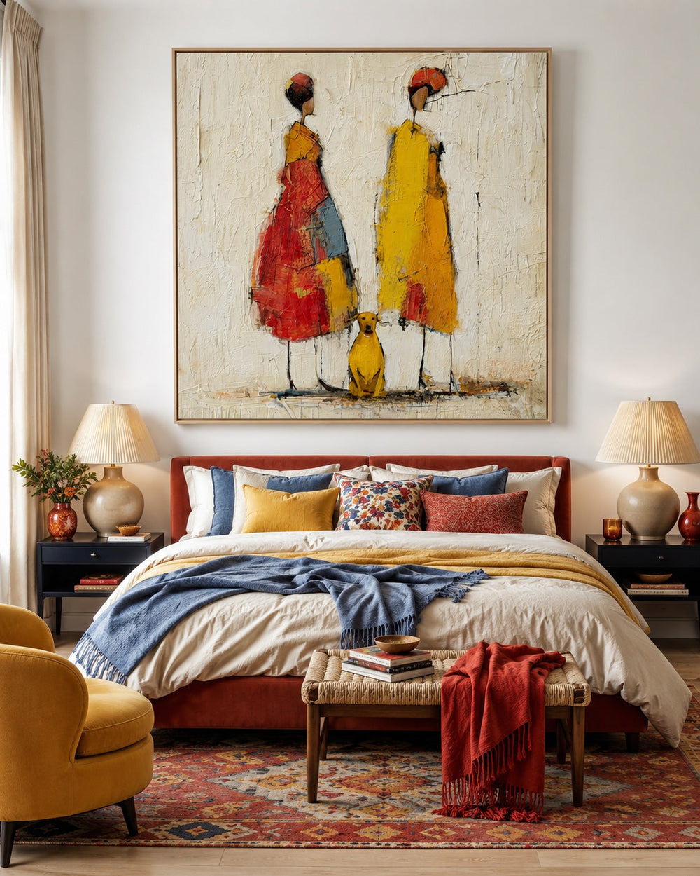 Abstract People Painting With Dog Warm Tones Textured Canvas Wall Art For Living Room Decor