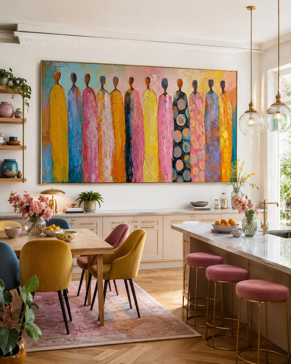 Vibrant Multi Color Figure Artwork Hand Painted Oil For Lounge And Hallway