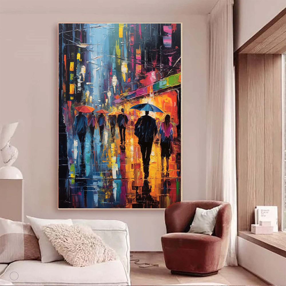 Abstract Rainy Night Cityscape Oil Painting On Canvas Original Modern Urban Scene Art Large Wall Art Home Decor