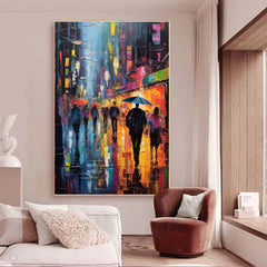 Abstract Rainy Night Cityscape Oil Painting On Canvas Original Modern Urban Scene Art Large Wall Art Home Decor