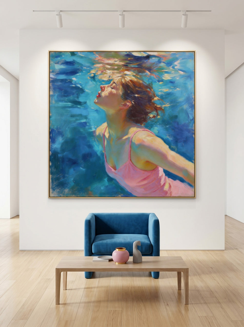 Underwater Woman Portrait Painting In Impressionist Style With Blue And Pink Tones