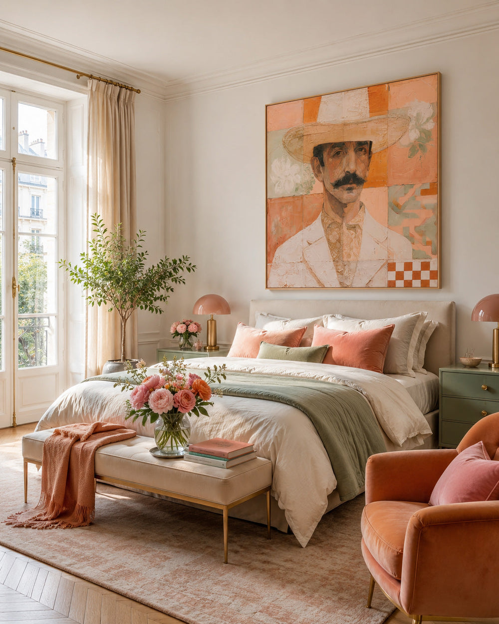 Square Format Portrait Artwork With Checkered And Floral Motifs For Wall Decoration