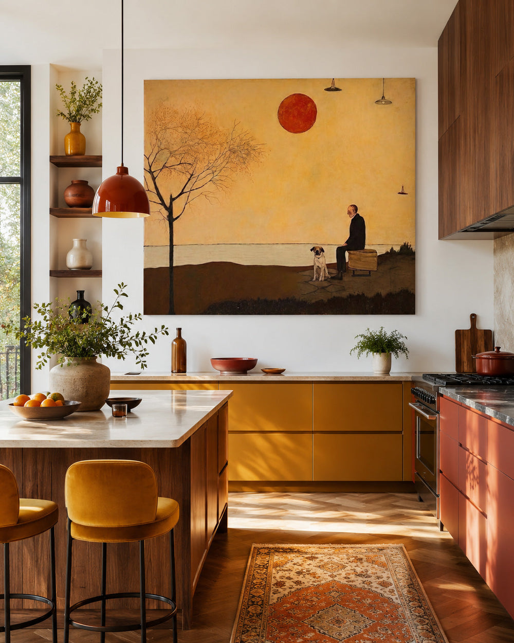 Retro Minimalist Oil Painting Of Man And Dog At Sunset For Living Room Decor