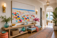 Hand Painted Textured Canvas Art Featuring Bright Geometric Shapes And Sea Views