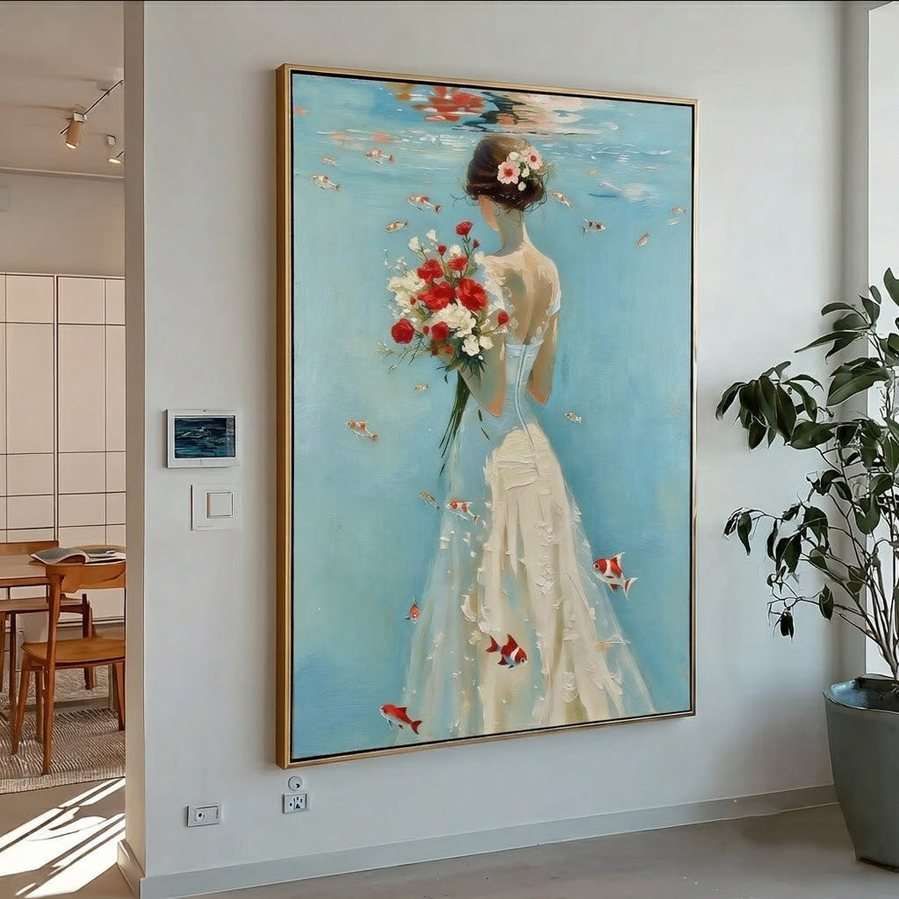 Underwater Bride Painting With Goldfish And Flowers For Romantic Home Decor