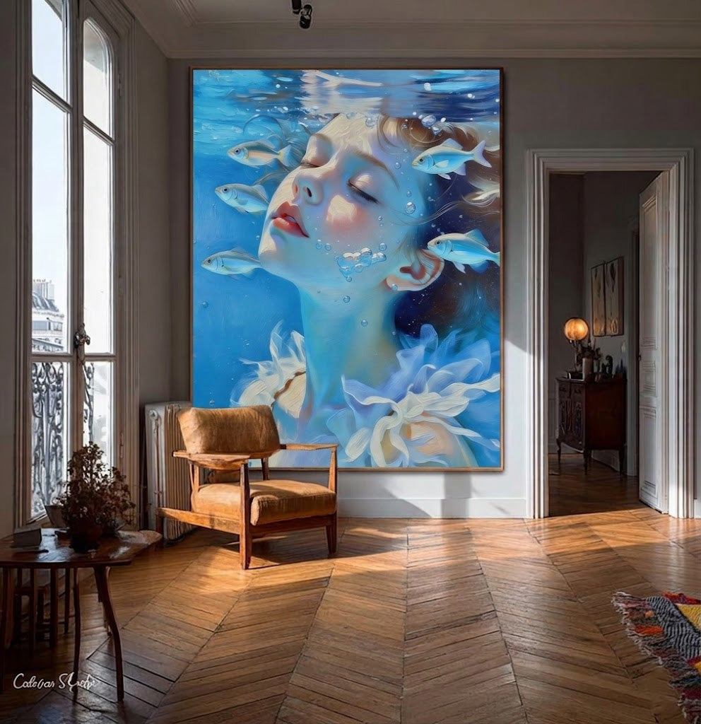 Modern Surreal Female Portrait Painting In Blue Tones For Living Room Accent Wall