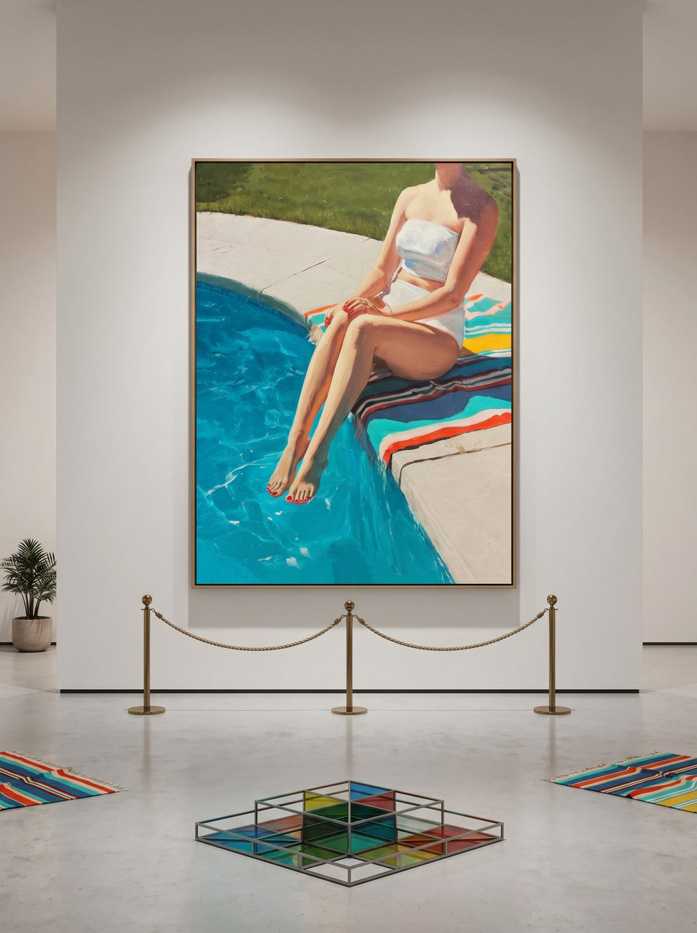 Poolside Figure Painting For Modern Home Decor With Vibrant Blue Tones