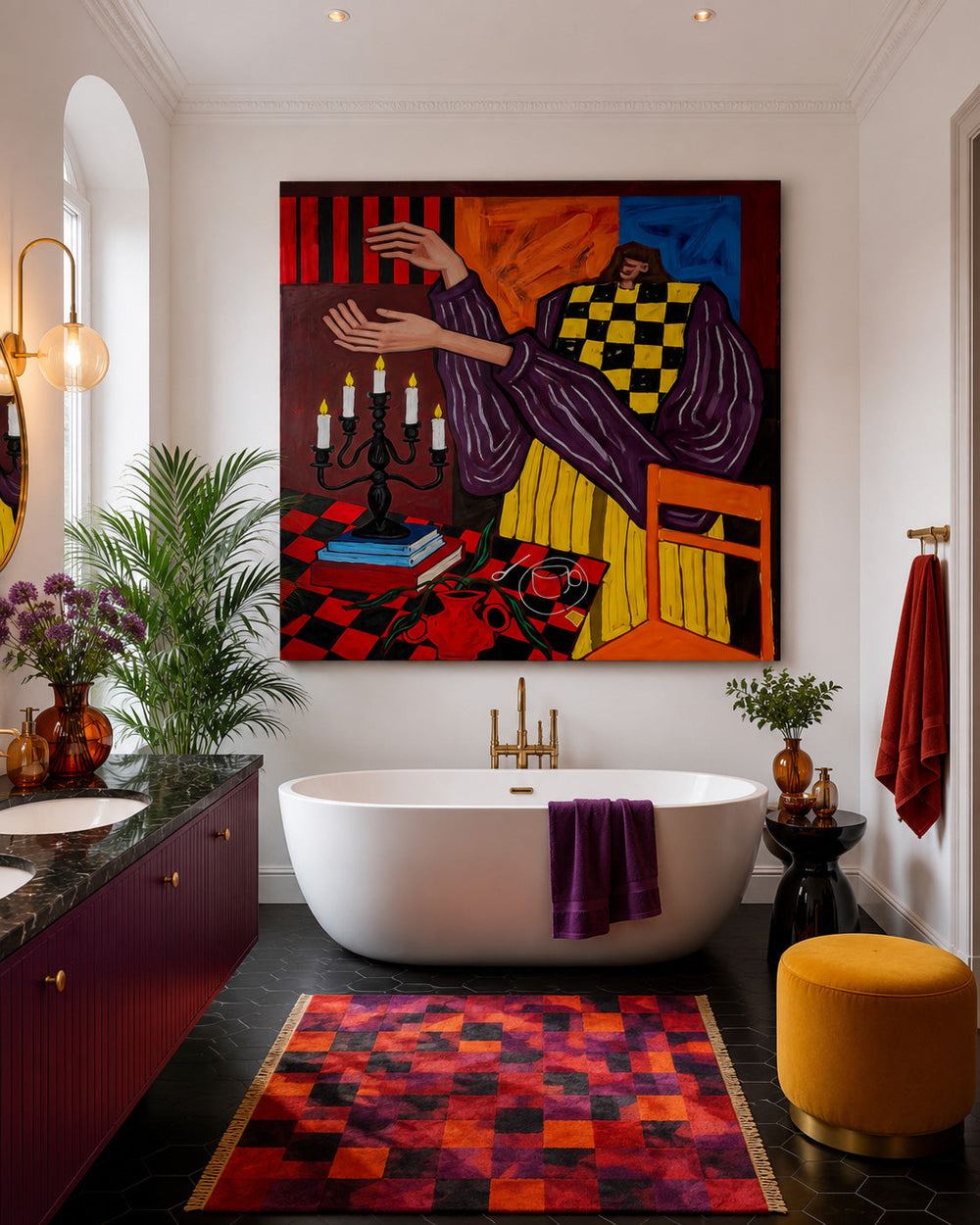 Bold Pop Art Portrait Painting With Red And Yellow Checks For Modern Living Room Decor