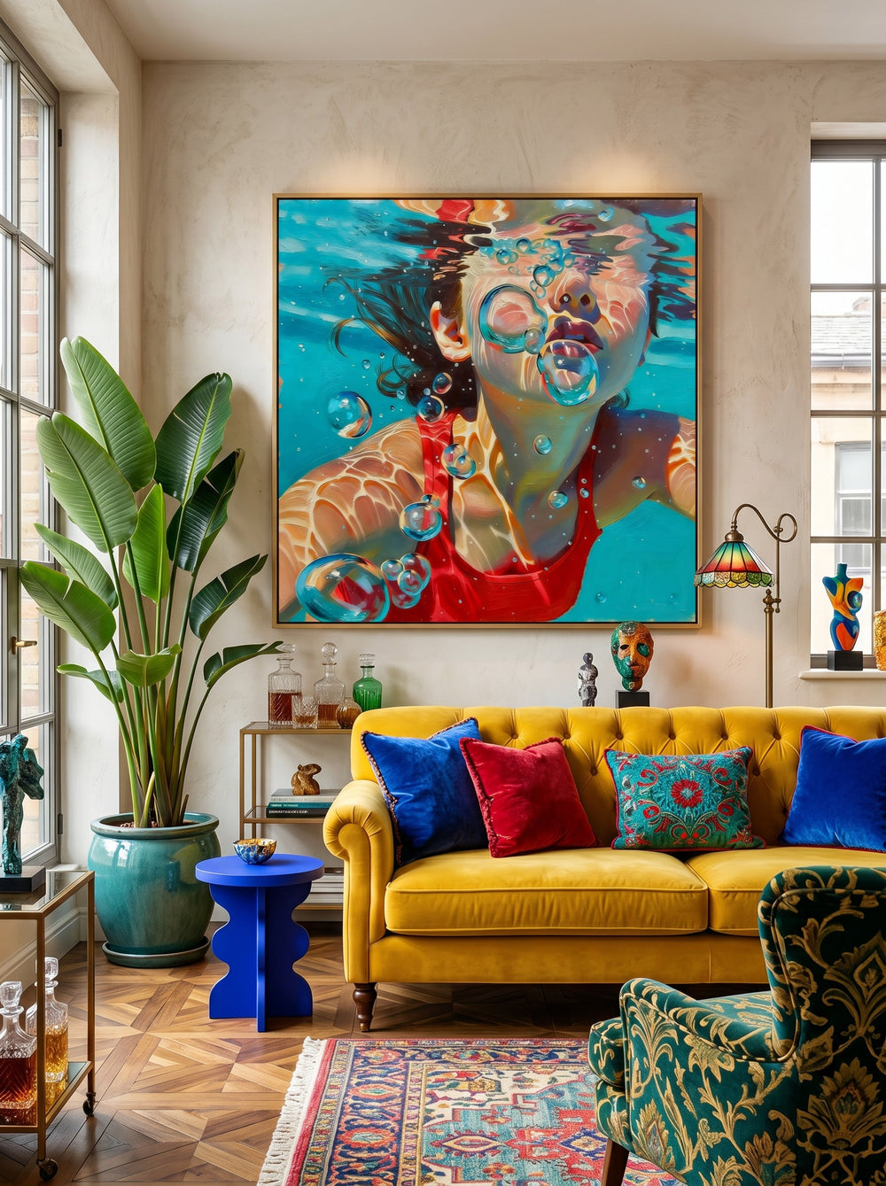 Vibrant Swimming Pool Art Girl Underwater Scene Square Oil Painting On Linen