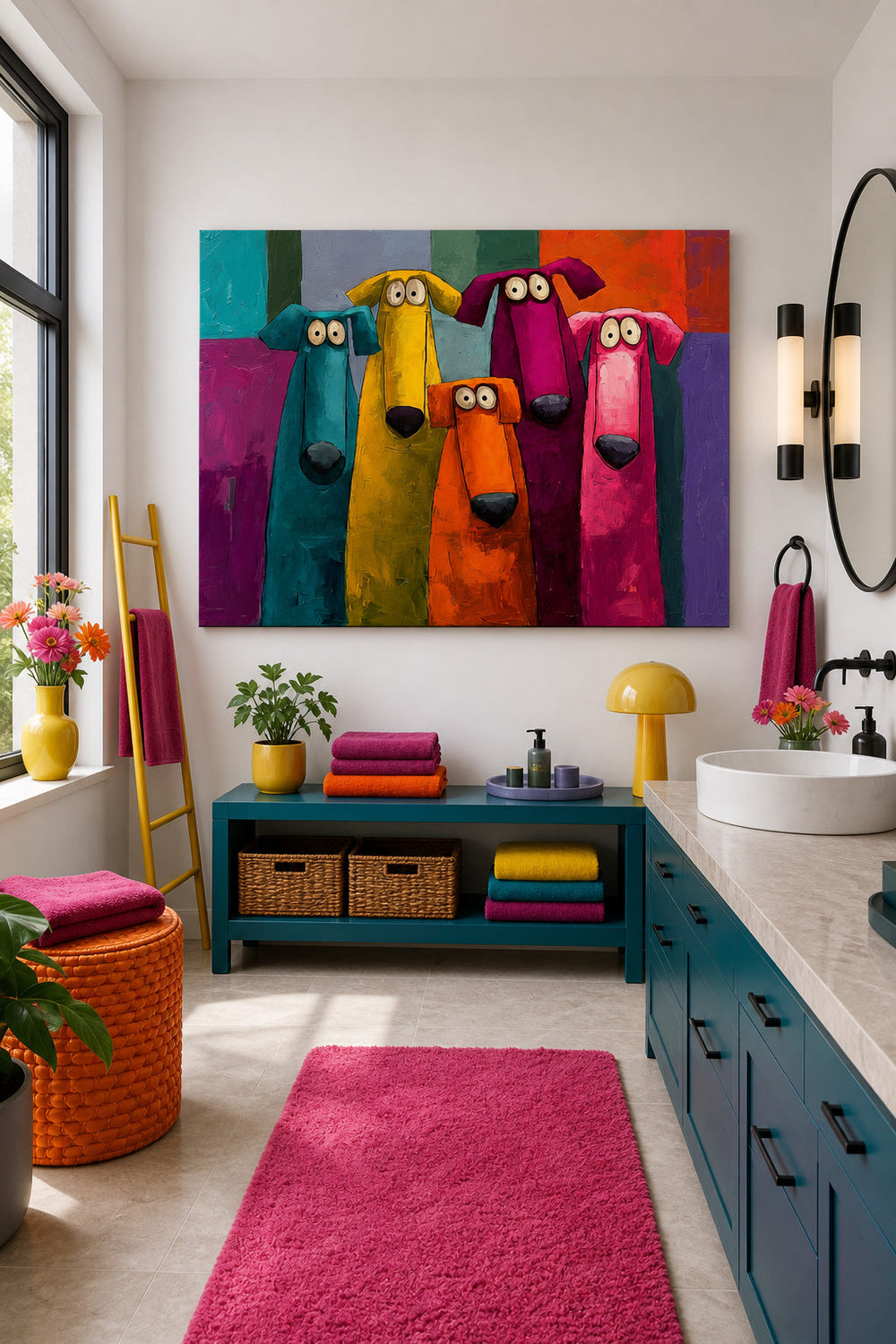 Pop Art Dog Group Painting In Bright Colors For Kids Room Or Lounge