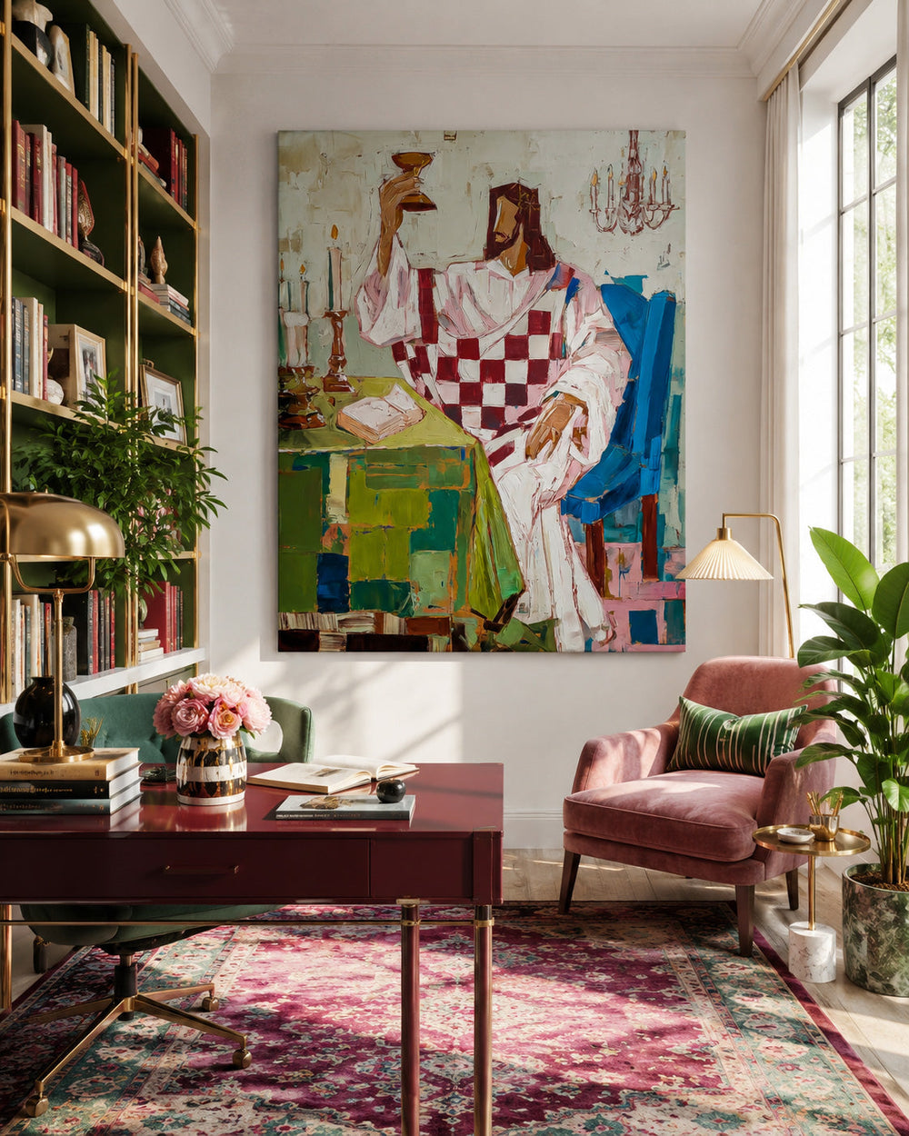 Original Hand Painted Canvas Art Featuring A Solemn Figure In Retro Colors For Unique Home Interior Design