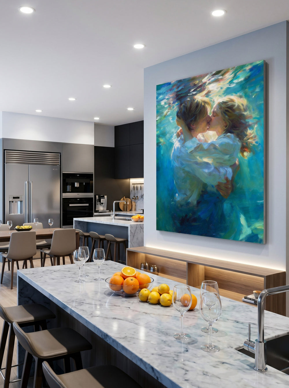 Impressionist Original Oil Painting Of Couple Kissing Underwater In Blue Tones For Bedroom Decor