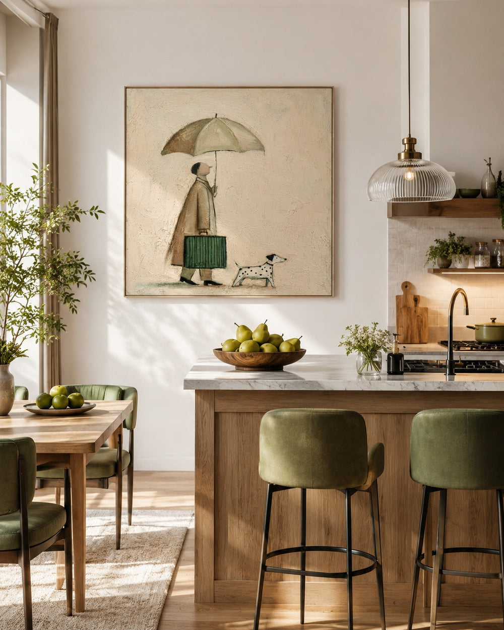 Man And Dog With Umbrella Painting For Cozy Home Decor