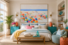 Hand Painted Textured Canvas Art Featuring Bright Geometric Shapes And Sea Views