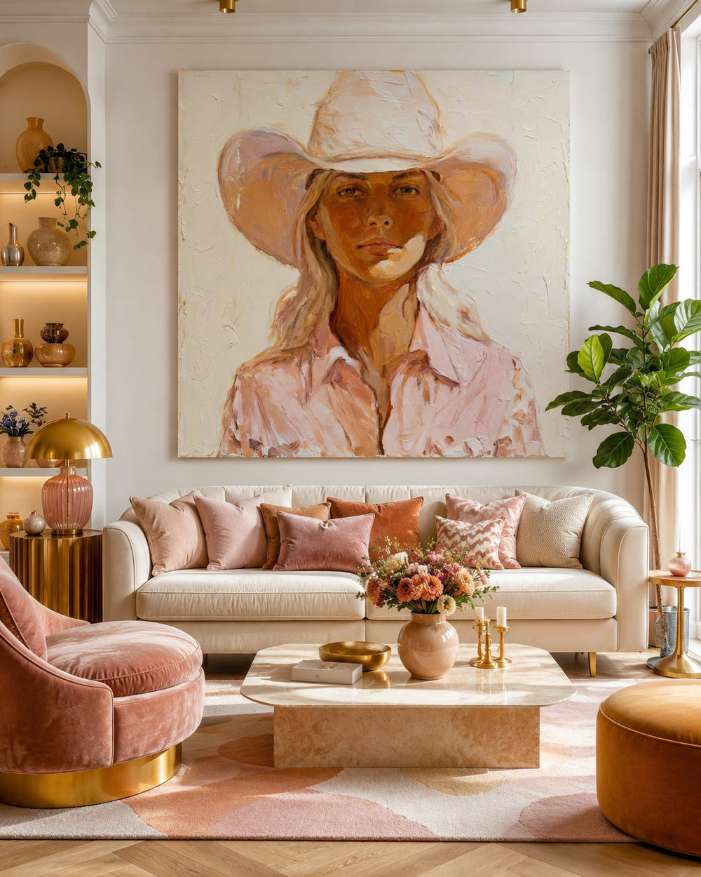 Modern Cowgirl Portrait Painting In Warm Earth Tones For Living Room Decor