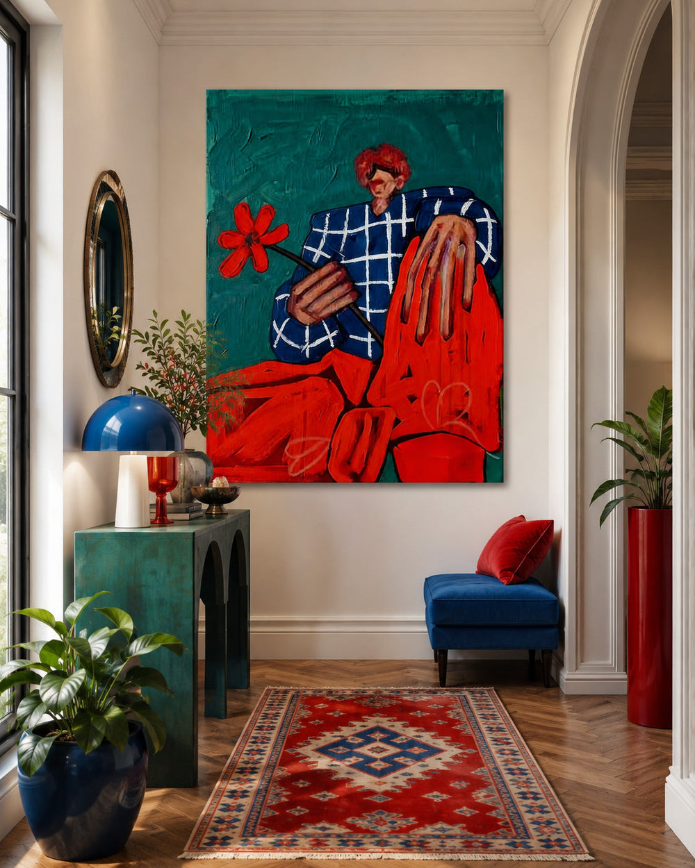 Quirky Male Portrait Art With Red Flower And Blue Grid Jacket For Modern Living Room
