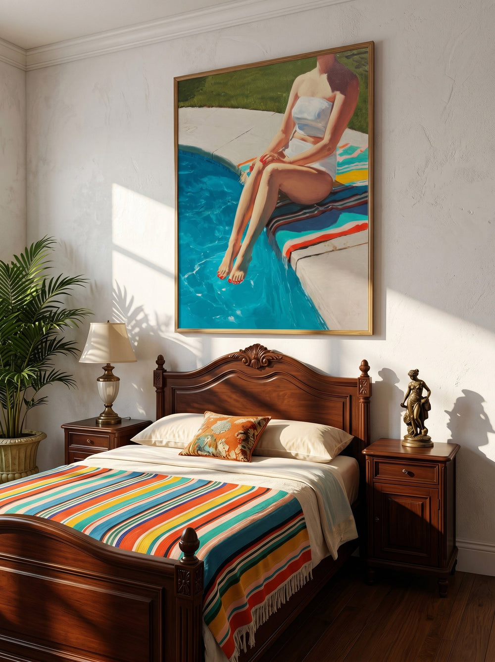 Poolside Figure Painting For Modern Home Decor With Vibrant Blue Tones